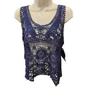 NWT y2k crochet front open lace blue layering summer boho tank sz S coquette